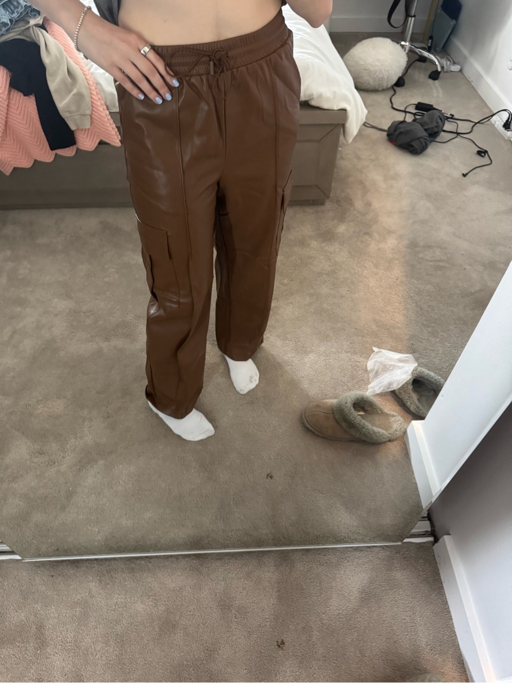Brown Faux-Leather Cargo Pants